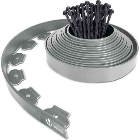 VOUNOT® Flexible Rasenkante Beeteinfassungen Kunststoff, mit 30 Erdanker, Länge 10m Höhe 5cm, Grau