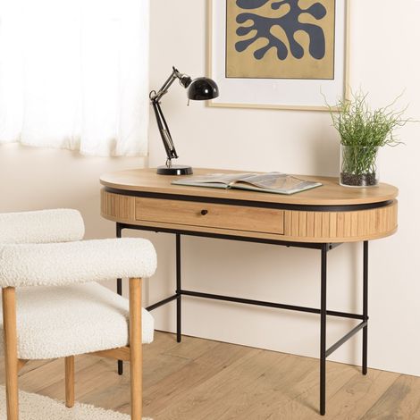 ETHAN - Bureau arrondi couleur naturelle 1 tiroir pieds métal noir (1/5)