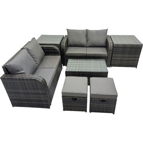 Fimous Outdoor Love Sofa Coffee Table Set Garden Rattan Furniture Set 6 Seater with 2 Small Stools 2 Side Tables Dark Grey (1/5)