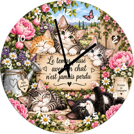 Horloge murale chat en verre 29 cm décor chats et fleurs (1/2)