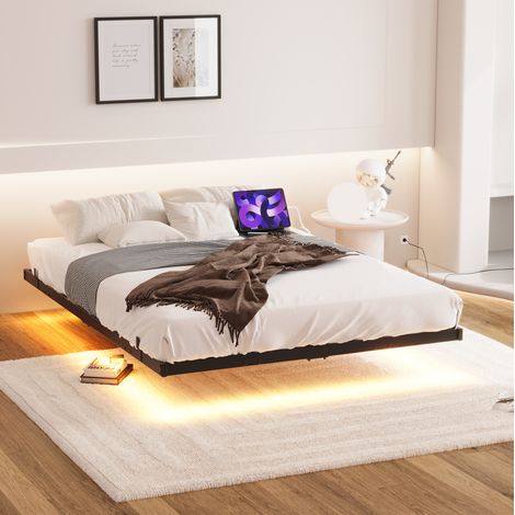 REDOM - Lit simple 120x200 cm avec LED et station de charge métal noir (Sans matelas) (1/5)