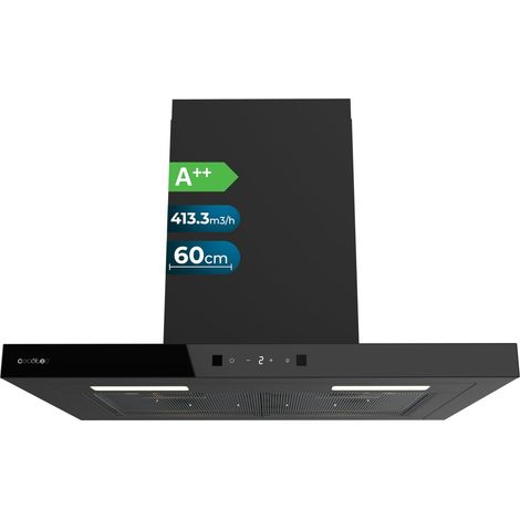 T Bolero Flux TM 606500 Black A Dunstabzugshaube, 60 cm breit, schwarzes Finish, Absaugung 650 m3/h, Motor 165 W, Klasse A, mechanische Steuerung, 3 Leistungsstufen, Licht und Kohlefilter.