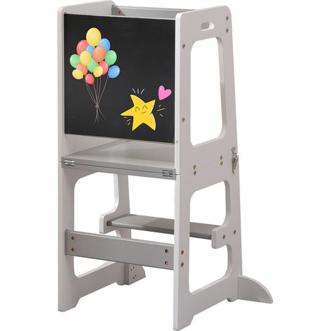 FURNITURE HMD Baby Step Stool Toddler Learning Tower with Chalkboard Nursery Standing Kitchen Helper for Sink and Counter,White and Grey (1/4)