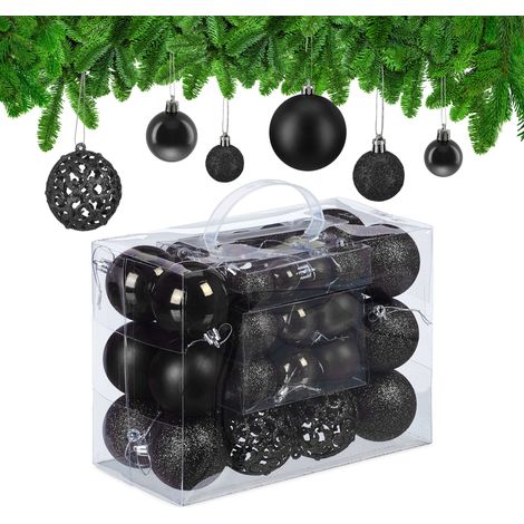 Relaxdays Weihnachtskugeln 50er Set, glitzernde, matte & glänzende Christbaumkugeln, Kunststoff, ∅ 3, 4 & 6 cm, schwarz