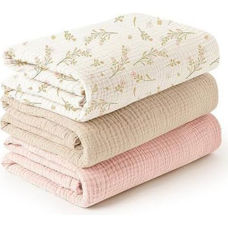 Ensemble de trois couvertures pour bébé en mousseline, couverture d'emmaillotage pour nouveau-Fleurs + Abricot + Rose - 120120cm (1/2)