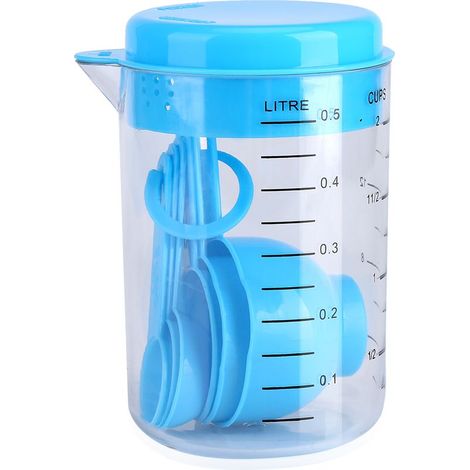 Lot de 7 tasses et cuillères doseuses en plastique bleu pour thé café cuisine (1/5)
