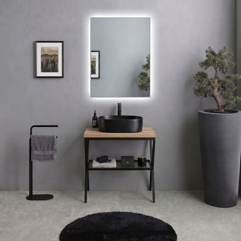Mobile Bagno A Terra Con Cavalletto Metallico, Mensola In Vetro E Top Rovere Naturale 60Cm Manchester (1/5)