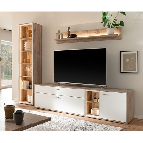 Wohnwand in Eiche und weiß modern mit LED-Beleuchtung, 3-teilig - SAGUNTO-05 (1/5)