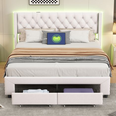 Lit coffre double adulte 140x190 cm avec tête de lit rivetée, 2 tiroirs, éclairage LED et ports de charge, velours beige (1/4)