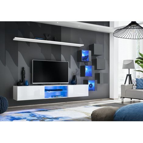 Ensemble meuble TV mural Switch XXI - L 240 x P 40 x H 120 cm - Blanc et gris - Livraison gratuite