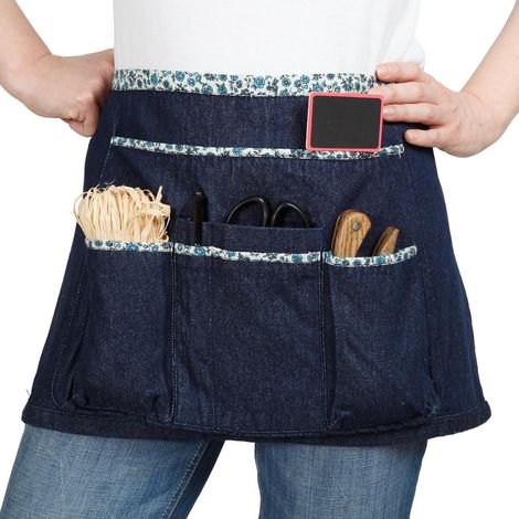 1 - Tablier Court - Tablier Jardinage - 7 Poches Multiples - Coton Épais Résistant Pour Bricolage Et Atelier Mixte Bleu Jean 35x64cm