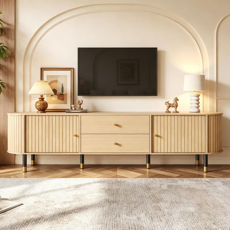 Mueble para TV de 180x40x58 cm con 2 cajones, 2 puertas correderas, gestión de cables y acabado en madera natural (1/5)