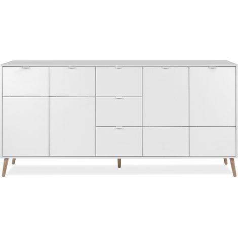 CALICOSY - Buffet 4 portes 3 tiroirs décor blanc et chêne L190 cm KLINT (1/5)