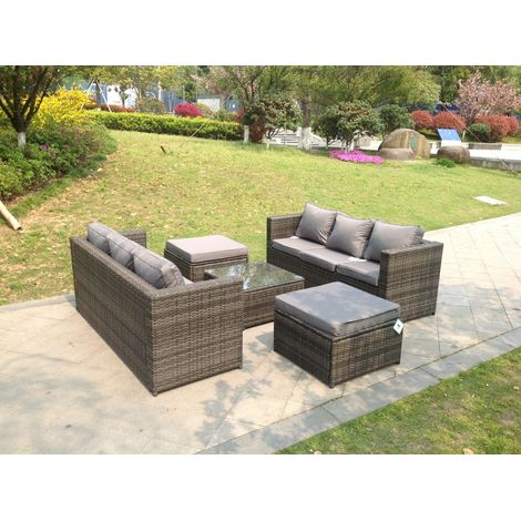 Fimous Rattan Gartenmöbel Sätze mit 3 Sitzer Sofa quadratischem Couchtisch und 2 PC großen Fußhockern