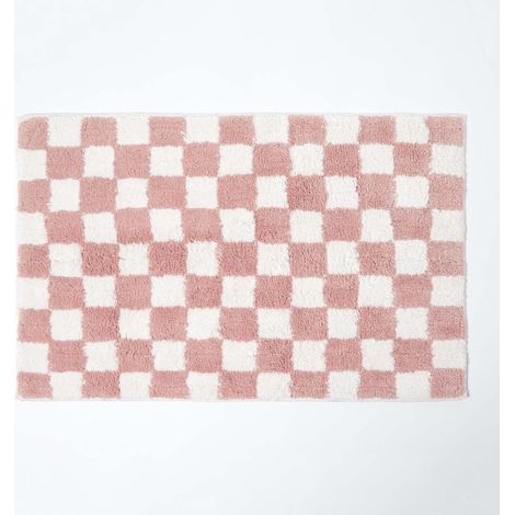 HOMESCAPES Pink & White Check 100% Cotton Non Slip Bath Mat - Pink