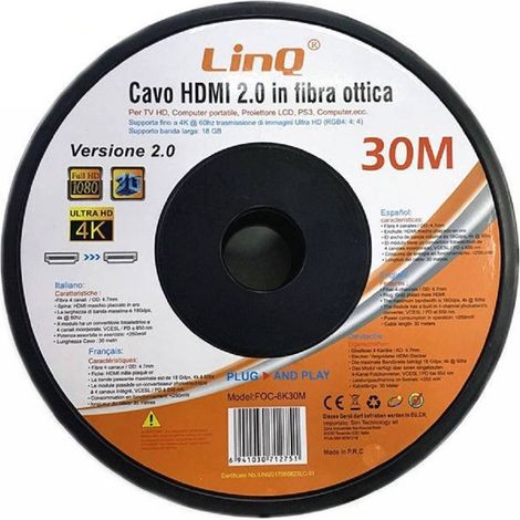 Linq - Cavo Hdmi In Fibra Ottica Ultra Hd 4k 30 Mt Tv Hd Computer Proiettore Foc-8k30m -