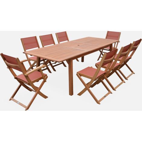 Set tavolo da giardino rettangolare allungabile in legno con 8 sedie