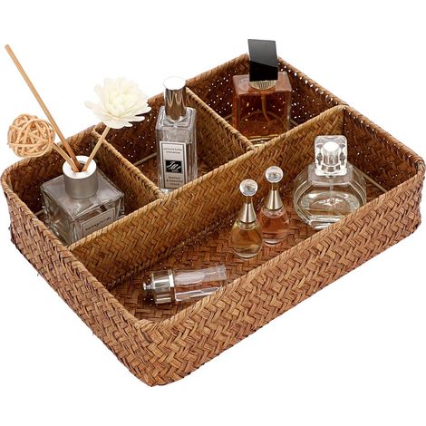 Panier de rangement en osier panier d’étagère corbeille tressé boîte de rangement avec 4 compartiments organisateur de table pour comptoir, bureau, étagère (caramel) (1/5)
