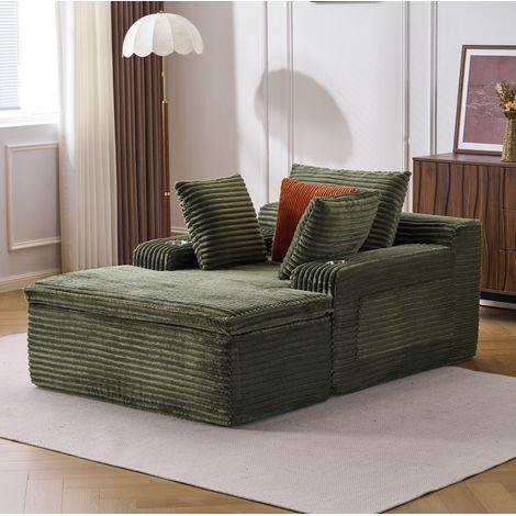 Divano letto 165/112/63 cm in velluto a coste verde con chaise longue, 3 cuscini e portabicchieri (1/5)