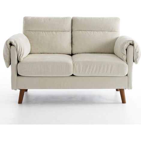 Canapé compact 2 places en chenille, style mid-century, avec revêtement en peluche douce, coussins moelleux et pieds imitation bois. Gain de place assuré pour le salon, la chambre ou un appartement. B (1/5)