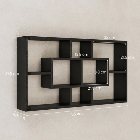 Étagère murale décorative, bibliothèque, porte-CD à 8 compartiments, 85 x 14,5 x 47,5 cm, noire (1/5)