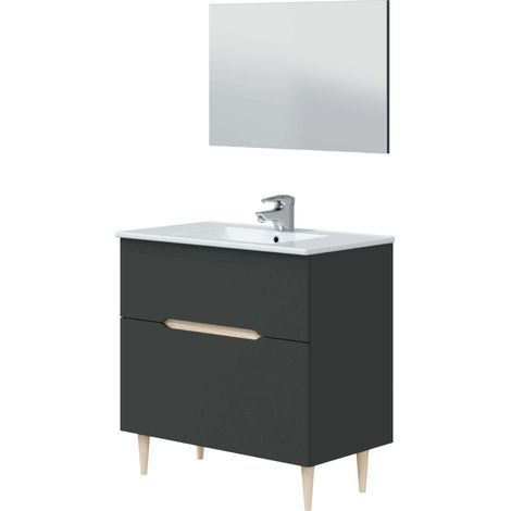 Mueble de Baño con espejo y lavabo cerámico Lotto Color Gris antracita y roble claro 80x45x80 cm