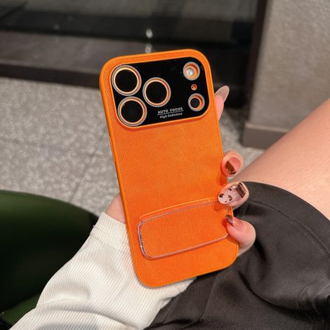 Étui de téléphone en velours pour iPhone (iPhone 14 Pro Max, orange) avec support et coque souple antichoc.