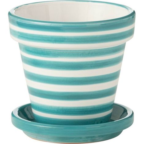 Cache pot rayé en poterie peinte à la main - aqua et blanc (1/3)