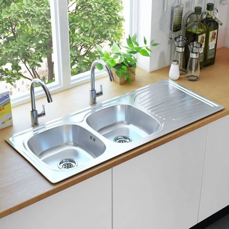 Évier double de cuisine Evier 1 bac avec crépine et piège Acier inoxydable (1/4)