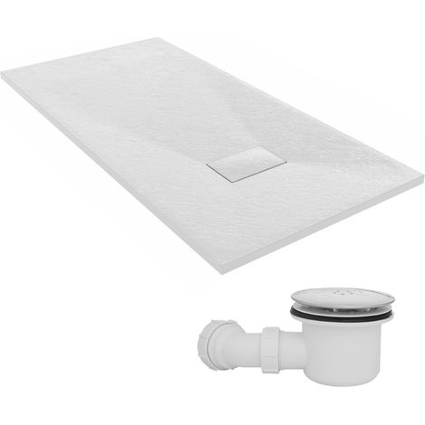 NRG 1400 x 700mm SMC White Rectangle Slate Effect Bathroom Shower Tray & Fluidmaster Fast Flow Waste Trap