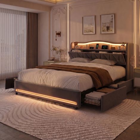 Cama doble tapizada 160x200 cm para adultos, con LED, cabecero con almacenaje, puertos USB-C/A y 4 cajones con ruedas, terciopelo, Gris (1/5)