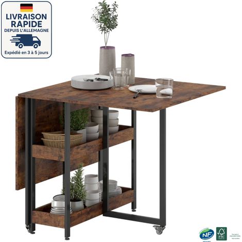 MODFU - Carrito de cocina de madera con ruedas y mesa plegable, 2 estantes abiertos, carrito de jardín, 80/133,4x80x75 cm, marrón (1/5)