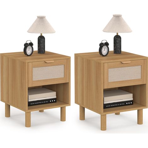 Set aus 2 Nachttischen ROBIN 1 Schublade mit Nische aus Holz und Stoff in Leinenoptik
