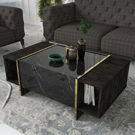 Dmora - Tavolino da salotto Miram, Tavolo basso da caffè, Portariviste per divano, Ripiano da soggiorno, 104x60h37 cm, Nero e Oro, con imballo rinforzato, con imballo rinforzato (1/5)