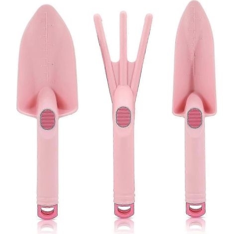 Pelles de jardinage roses, comprenant une pelle à main, une pelle à transplanter et un cultivateur  pelle en plastique, ensemble de 3 pièces. (1/5)