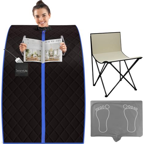 SereneLife Sauna a Vapore Portatile, Sauna Monoposto da Casa, Bagno Turco, Sauna Infrarossi con Tappetino Scaldapiedi e Sedia Pieghevole, Cabina Domestica per Spa, Nero (1/5)