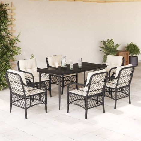 Salon de jardin 7 pièces avec table et 6 chaises, résine tressée, coussins, noir - PANGIVO (1/5)
