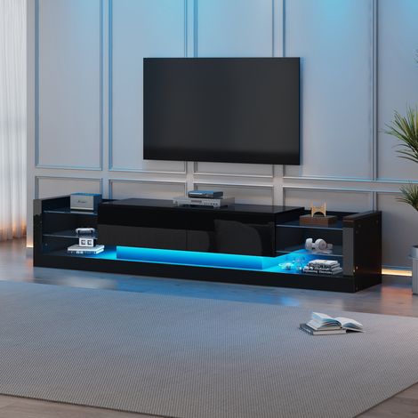 MODFU Mueble de TV negro con estantes de cristal, LED, con 2 puertas, aglomerado, 181x38x38 cm (1/5)