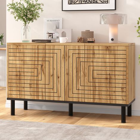Credenza da 120 cm con 3 ante a pressione, 6 scomparti, motivo ondulato, MDF e truciolato, 120x35x68 cm, legno naturale (1/5)
