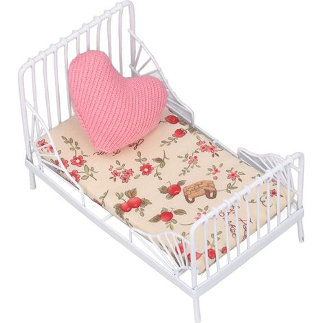 Puppenhausmöbelset im Maßstab 1:12: Mini-Bettset, Zierkissen, Metallrahmen, realistisches Miniaturbett mit weißem Blumenmuster. (1/5)