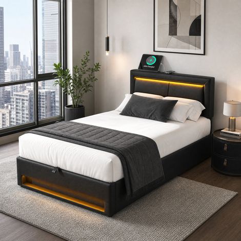Letto contenitore 90x200 cm in PU nero con LED e USB, senza materasso FloraGrace (1/5)