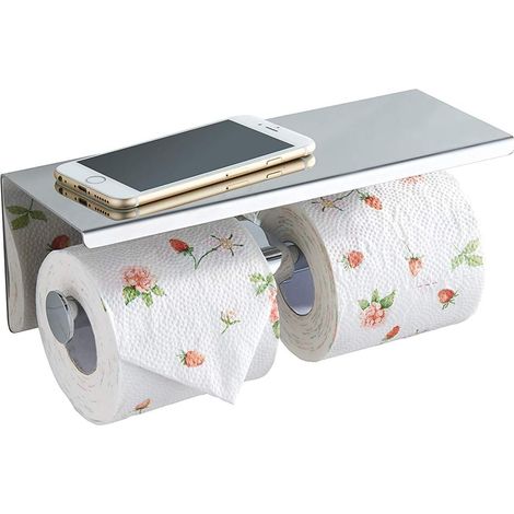 Porte-papier toilette en acier inoxydable pour salle de bain avec étagères murales (argent, double extrémité) (1/5)