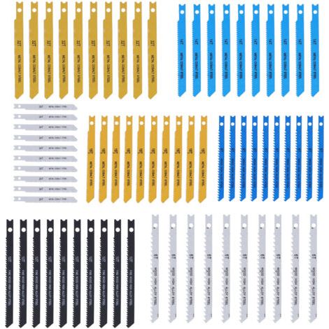 Set di 70 lame per seghetto alternativo in acciaio ad alto tenore di carbonio con attacco a U (6, 8, 10, 14, 18, 24 e 32 denti per pollice) per legno, plastica e metallo. (1/5)