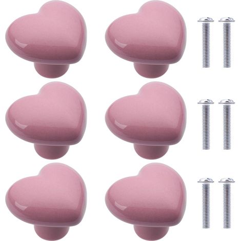 6 pièces boutons de placard en céramique, forme de cœur, poignées pour armoires de cuisine et bibliothèque, rose, 40 mm (1/5)