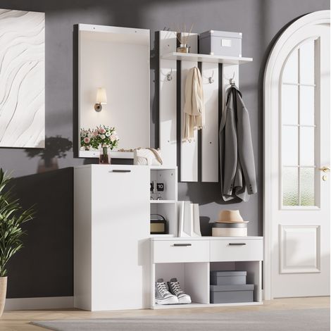 Zapatero de entrada con espejo, mueble para zapatos y 2 cajones, 120x35x175,5 cm, MDF blanco (1/5)