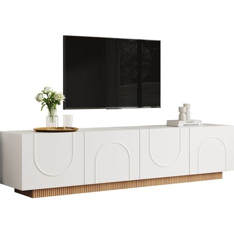 Meuble TV blanc 170 cm avec 4 portes à relief arche, 4 compartiments de rangement, passe-câbles arrière et charnières amorties pour salon ou chambre  CHICFURN (1/5)
