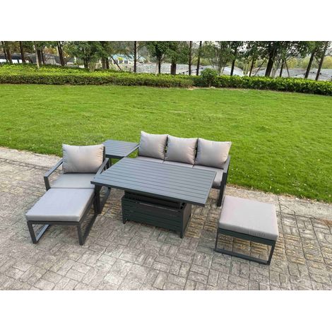 Fimous 6-Piece Aluminium Garden Furniture Sets 6 Seater Outdoor Conversational Dining Set with Adjustable Rising Lifting Dining Table Side Table (1/5)