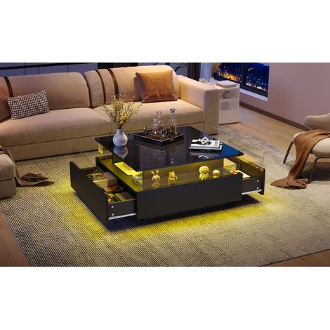 Table basse 70x70 cm moderne en laque brillante avec 2 tiroirs, espace de présentation transparent, capacité 30 (1/5)