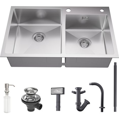 Auralum Fregadero Cocina con dos cubetas 75x45cm Fregadero empotrado Cuadrado en Acero Inoxidable con 300ml Dispensador de Jabón, Desagüe y Sifón