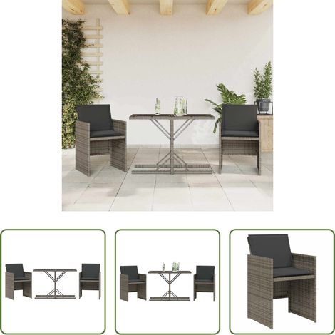 Table de jardin - Ensemble de bistro 3 pcs avec coussins gris résine tressée (1/5)